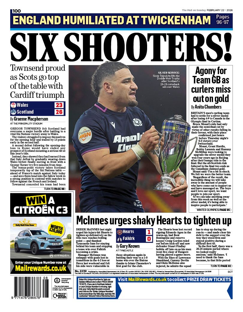 MailOnlineScot's tweet photo. 🗞️ Tomorrow's Scottish Mail on Sunday back page: 
SIX SHOOTERS! Townsend proud as Scots go top of the table with Cardiff triumph 

#TomorrowsPapersToday #scotpapers 
👉 Read more on #MailOnline  https://t.co/FUaNcYBFCr https://t.co/tDIyppGr4y