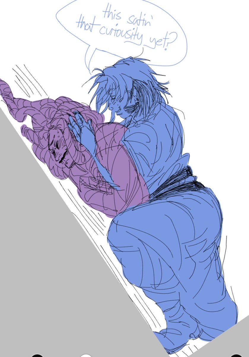 this is kinda piggybacking off of that doodle i posted a little bit ago about zanka being smaller but also more beefed than jabber and also me capitalizing on implied hell guard training  .zanka being really good at wrestling