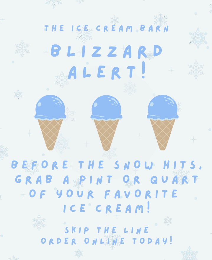 ❄️ Blizzard Alert! ❄️

Snow days are sweeter when you’re prepared! As we watch the storm roll in, make sure you’re stocked up on your favorite Ice Cream from The Barn.

Grab a pint or quart &amp; skip the line-order online today!

theicecreambarn.com/order-online

#SnowDay #Blizzard #IceCream