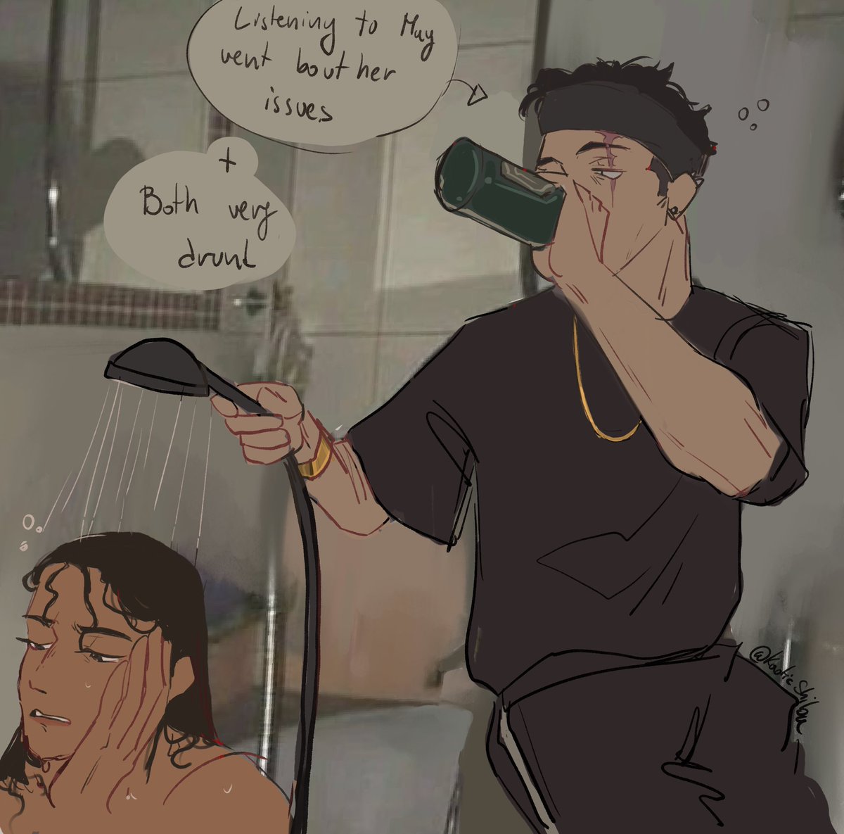 KaoticShiba's tweet photo. Nagisa and una ( green haired goblin and white haired lady ) belong to @MojoChojo 
Old man bioengineer and Slav boi Sandi belong to me
Tired table guy Arty belongs to @MeryNaptimeHero 
Shower lady belongs to friend phill ( I don’t find their @ ) 

#oc #alienau #ocart #kaoticshiba https://t.co/pMNkYZmLiC