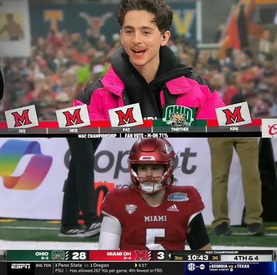 CollegeFBonX's tweet photo. One of the greatest moments of College Gameday in 2024 was Timothee Chalamet giving a serious analysis of Ohio and QB Parker Navarro. 

Then Chalamet was the only one to pick Ohio before the Bobcats dominated in the MAC Championship. https://t.co/wWfcIdrQxX