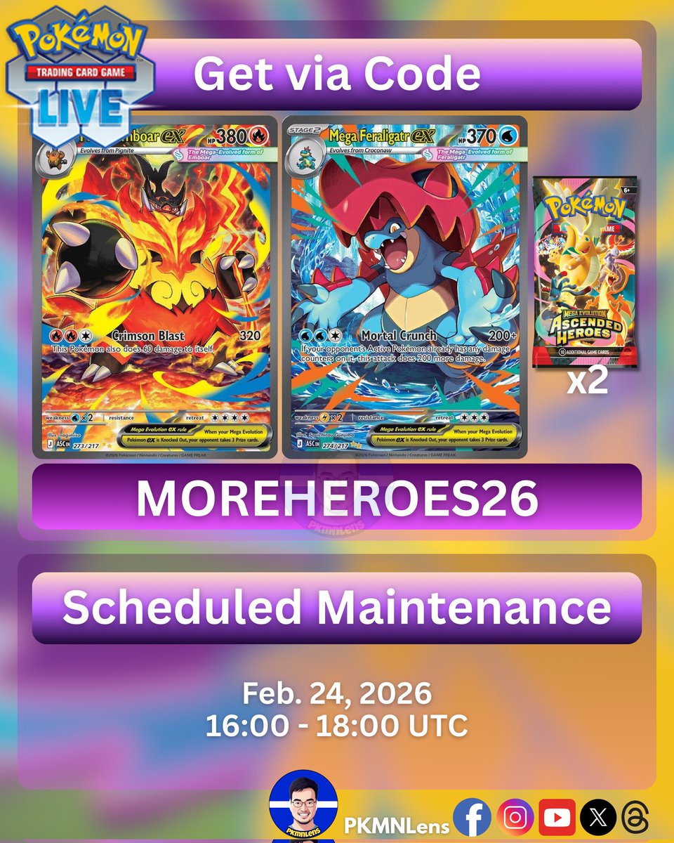 PKMNLens's tweet image. Mega Emboar and Mega Feraligatr illustrations in Pokemon TCG Live!
#pokemontcg #megaevolution