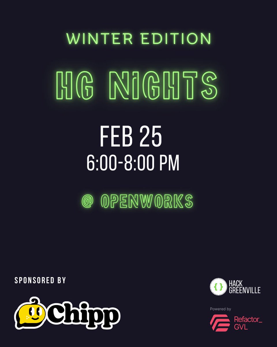 🗓️ Wed, Feb. 25 | 🕕 6 – 8 PM | 📍<a href="/OpenWorksGVL/">OpenWorks Coworking</a>
🎙️Talks on Origin Stories: Early Days, TV Station in a Box, Non Profits &amp; Tech Social Impact, SD-WAN Mesh &amp; Helene
📷 Asian fare sponsored by <a href="/chippdotai/">Chipp</a> &amp; made by HG volunteers
Community + talks + food.
meetup.com/hack-greenvill…