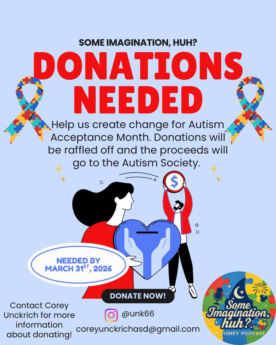 Some Imagination, Huh? fam 💙 we’re raising money for Autism Acceptance Month and we need YOUR help! Every donation will be entered into a raffle 🎟️ and all proceeds will go directly to the Autism Society to help create meaningful change and support.