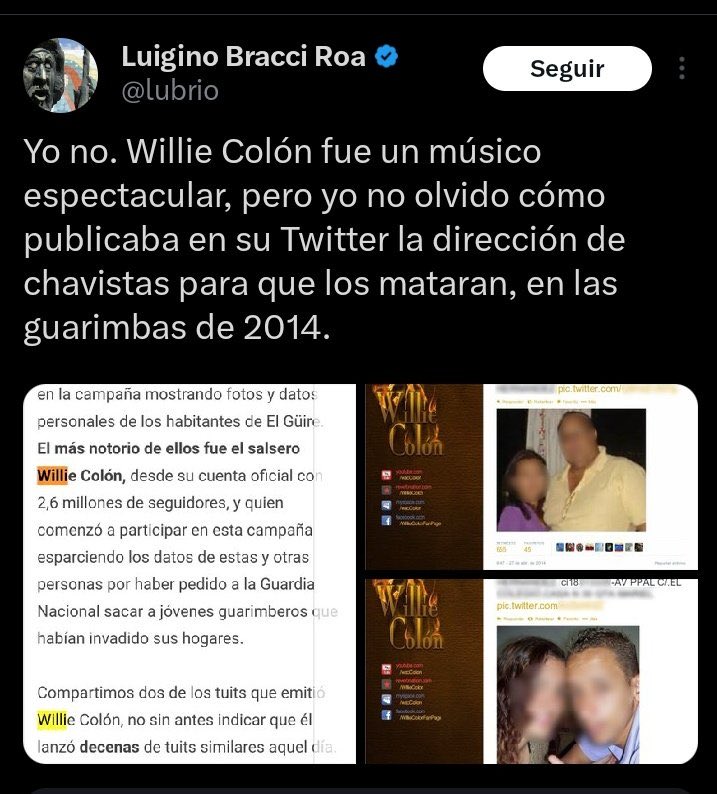 pinamafe's tweet photo. Willie Colon utilizó todo el alcance que le daba la música para esparcir todo su odio en contra de Venezuela 

Incluso llegó a usar sus redes sociales para incentivar una guerra civil entre venezolanos 

Que en paz descanse el alma de ese odiador fomentador de la guerra https://t.co/qcEakQX85b