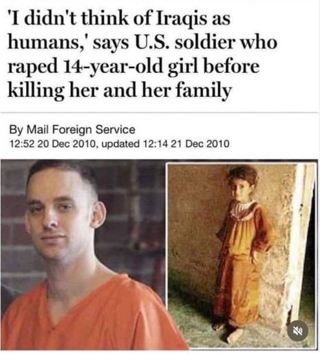 <a href="/zainabReza_13/">Reza Zainab</a> <a href="/Waseem_C11/">Waseem CKOne</a> The thoughts of an American rapist on Iraqis. He thought they weren't 'human'. He is a scumbag and a demon.