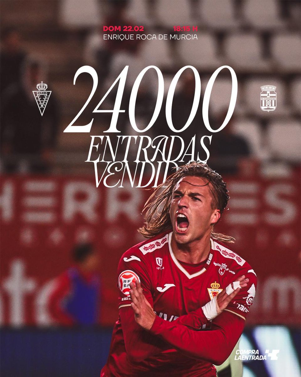 🔥 Más de 𝟐𝟒.𝟎𝟎𝟎 𝐄𝐍𝐓𝐑𝐀𝐃𝐀𝐒 vendidas para '𝑬𝒍 𝑫𝒆𝒓𝒃𝒊 𝒆𝒏 𝒆𝒍 𝑹𝒆𝒊𝒏𝒐'

🎟️ Todavía puedes conseguir tu entrada:
🛍️ Tienda Oficial: desde las 10:00 h
🎫 Taquillas del estadio: desde las 15:00 h
💻 Online: realmurcia.compralaentrada.com/eventos

#RealMurciaCartagena