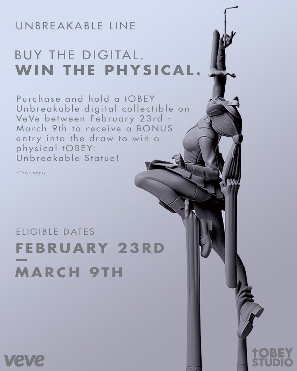 Buy the Digital. Win the Physical! Purchase &amp; hold a tOBEY Unbreakable digital collectible on VeVe between February 23rd - March 9th to receive a BONUS entry into the draw to win a physical tOBEY: Unbreakable Statue!

Read the full terms and conditions here 👉