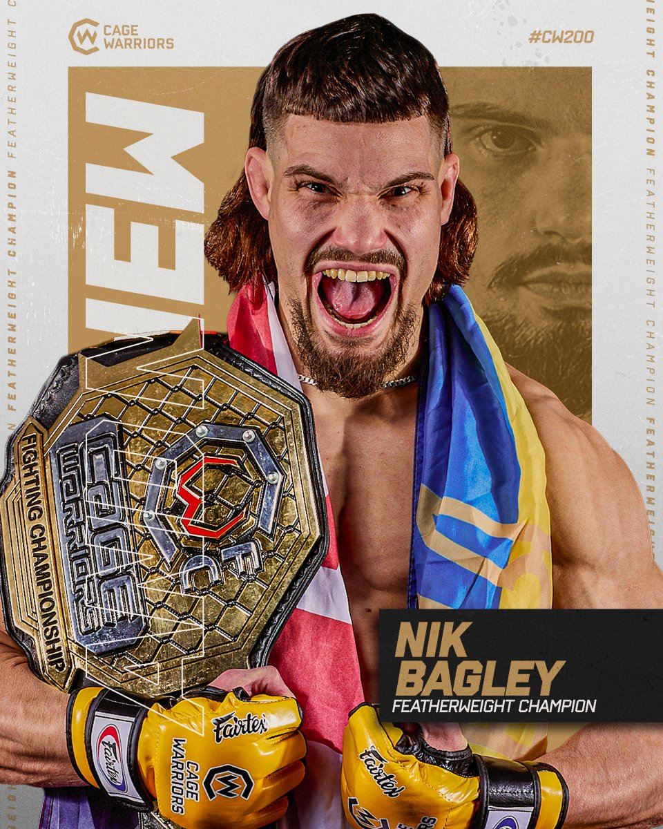 CageWarriors's tweet photo. Congratulations to our new Featherweight Champion, Nik Bagley 🏆👏

#CW200 https://t.co/CzQTfRH8s6