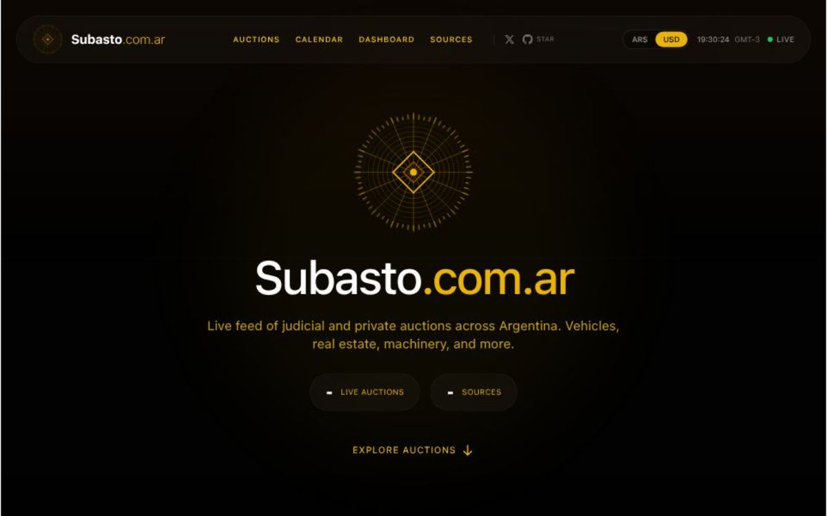 Scrapea 15+ fuentes todas las noches a las 00:00. CSJN, SCBA, Córdoba, Banco Ciudad, Adrián Mercado, Global Remates, y más.

Unifica todo en una interfaz con búsqueda, filtros por categoría y ubicación, calendario por fecha de cierre, y conversión automática a dólares con