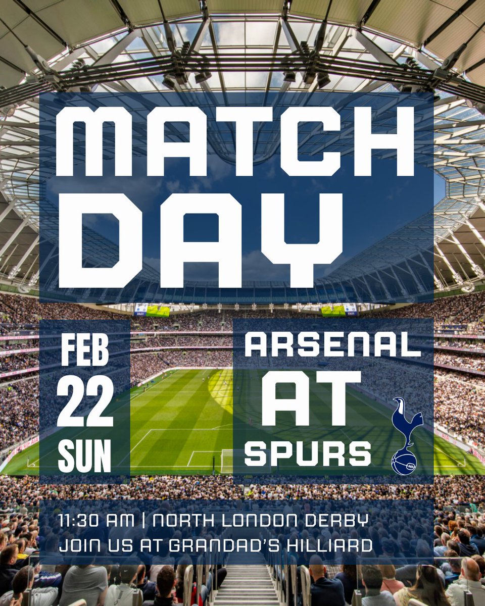 The final North London Derby of the 2025 - 2026 season is almost here! Join us at Grandad’s in Hilliard but please keep an eye on the radar as we’re expected snow during the match time.

🆚 Arsenal
📅 Sun. Feb. 22
🕤 1130am ET
📍 Grandad’s Hilliard

#coys #THFC #todareistodo