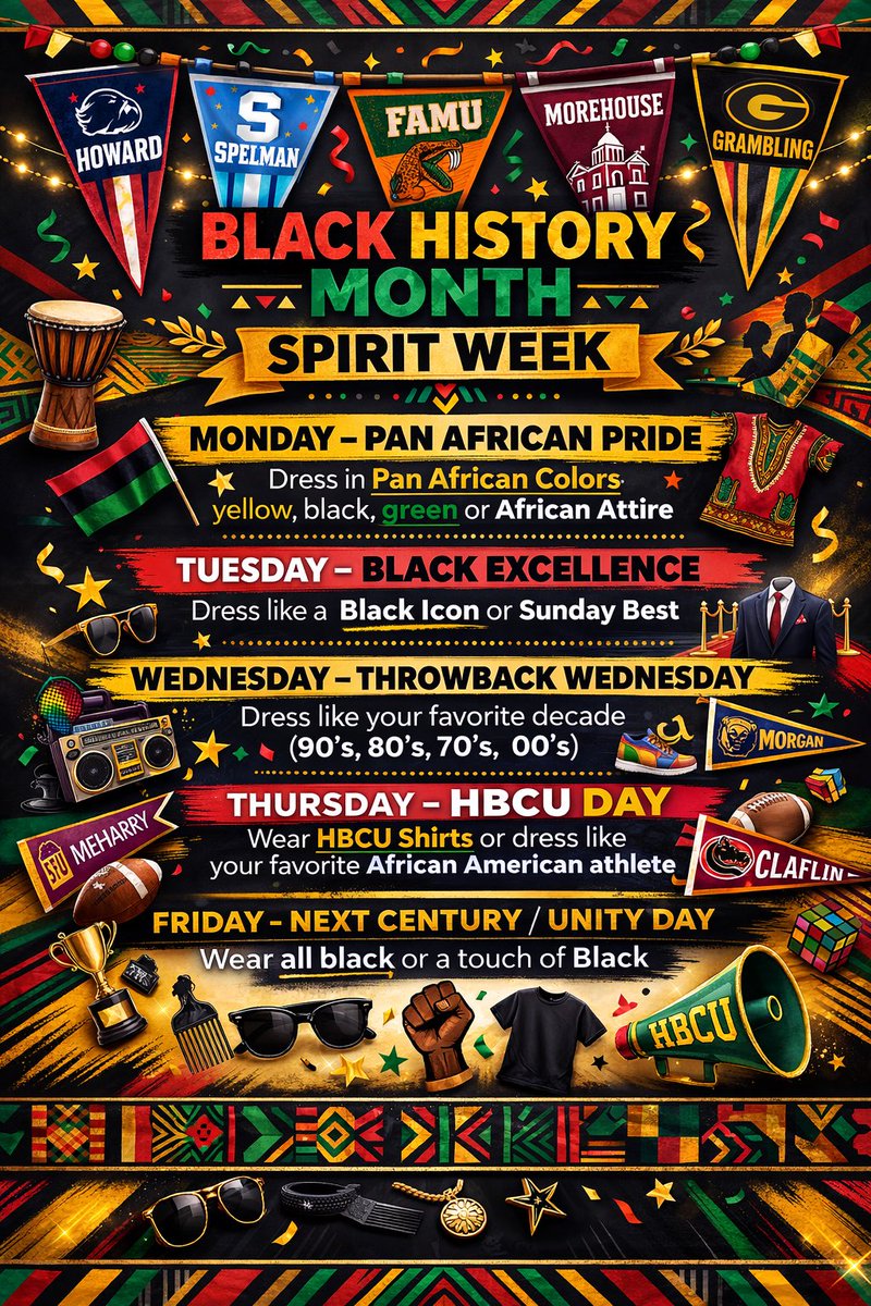 💚 Our Black History Month Spirit Week starts Monday, February 23

🖤 Check-out the theme for each day on our graphic below and join us in celebrating Black History Month in style 

💛 Look forward to seeing all the spirit this week from scholars and staff