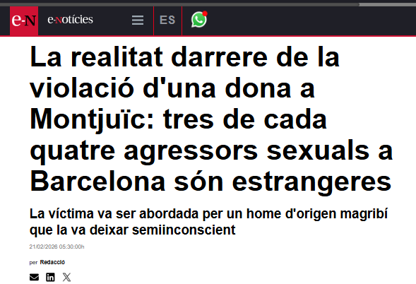 La realidad tras la violación de una mujer en Montjuïc: tres de cada cuatro agresores sexuales en Barcelona son extranjeros
Es lo que hay. Que cada cual saque sus conclusiones