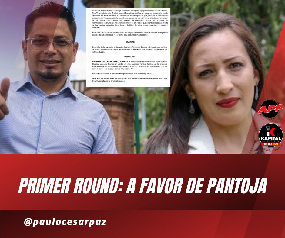 Juez declara improcedente tutela por presunta afectación al buen nombre en Pasto

El Juzgado Cuarto de Pequeñas Causas y Competencia Múltiple de Pasto declaró improcedente la acción de tutela interpuesta por Alejandra Gabriela Abásolo Gómez en contra de José Amílcar Pantoja