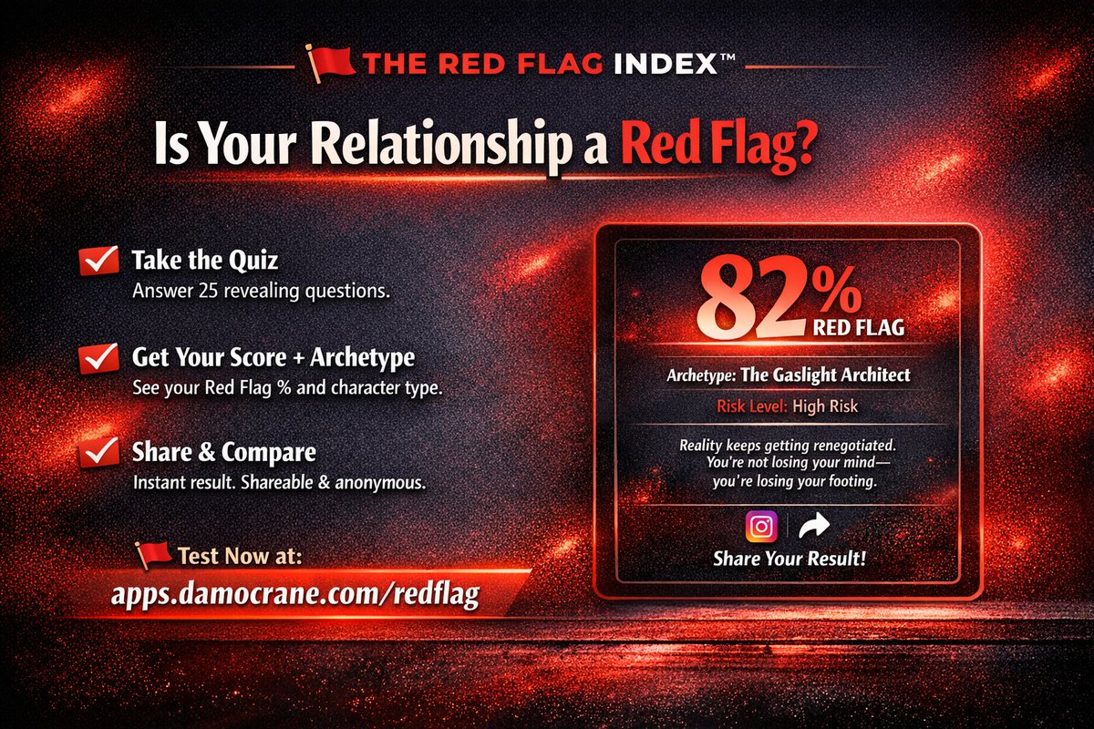 60-second anonymous relationship quiz generating a Red Flag % score, archetype label, leaderboards, country trends, 
Read real red flag stories here: 👇
apps.damocrane.com/redflag/storie…

#Redflag #Quiz #TrendingNow #Stories #IndieDev #Relationship #Webapp #WebDev