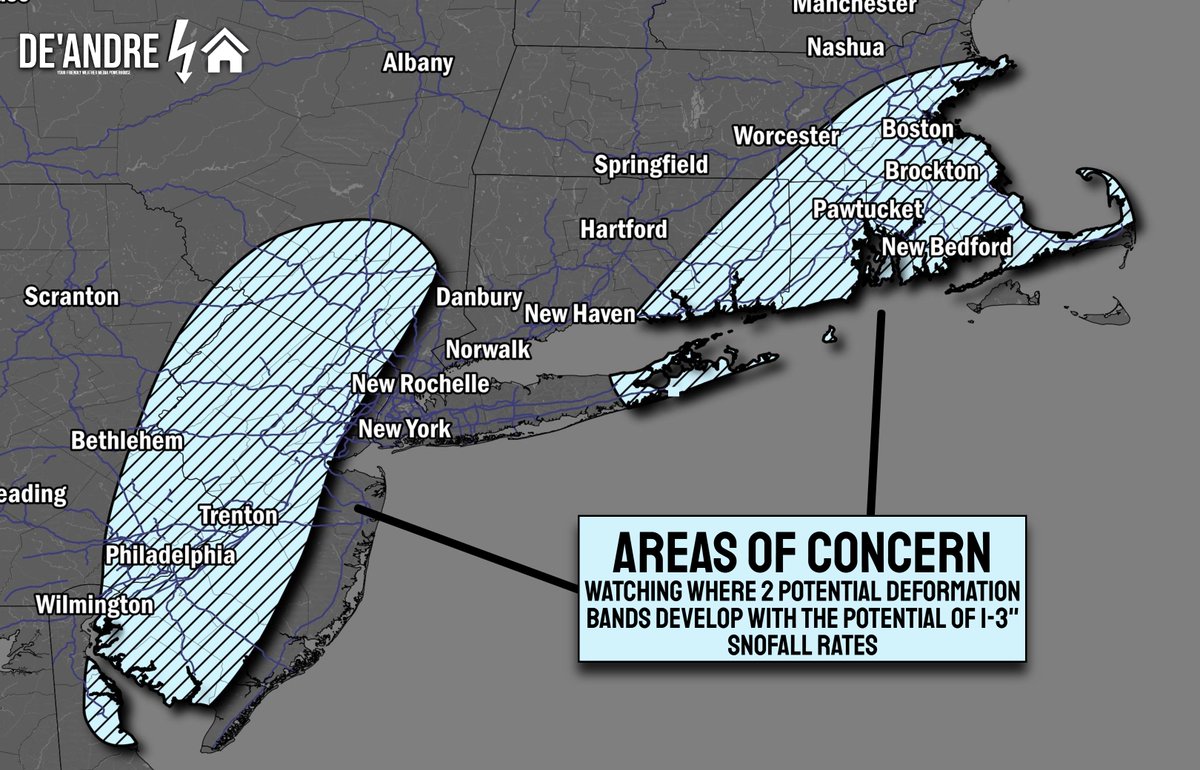 DeAndre_Weather's tweet image. Watching the potential for Two areas that could experience prolonged snowfall rates from 1-3" per hour during the peak of Sunday-Monday's Blizzard.

I have a bit of confidence that this is where our Deformation bands will stall but these locations are not locked in. #Winterwx