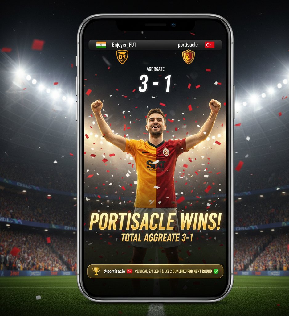 TURKISH POWER! 🇹🇷💪
​CLINICAL PERFORMANCE! 🇹🇷🔥
​<a href="/portisacle/">portisacle</a> dominates the tie with a 3-1 aggregate win over <a href="/Enjoyer_FUT/">FUT Enjoyer</a>!
​🏟️ Leg 1: 2-1 Win
🏟️ Leg 2: 1-0 Win
​Two wins out of two. Portisacle moves into the next round with serious momentum! 📈🛡️
​#FCMobile #Tournament