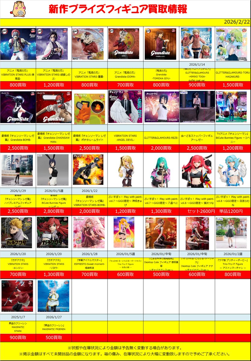 新作、準新作プライズ 買取情報‼】2/22(版) 2月新作プライズフィギュア