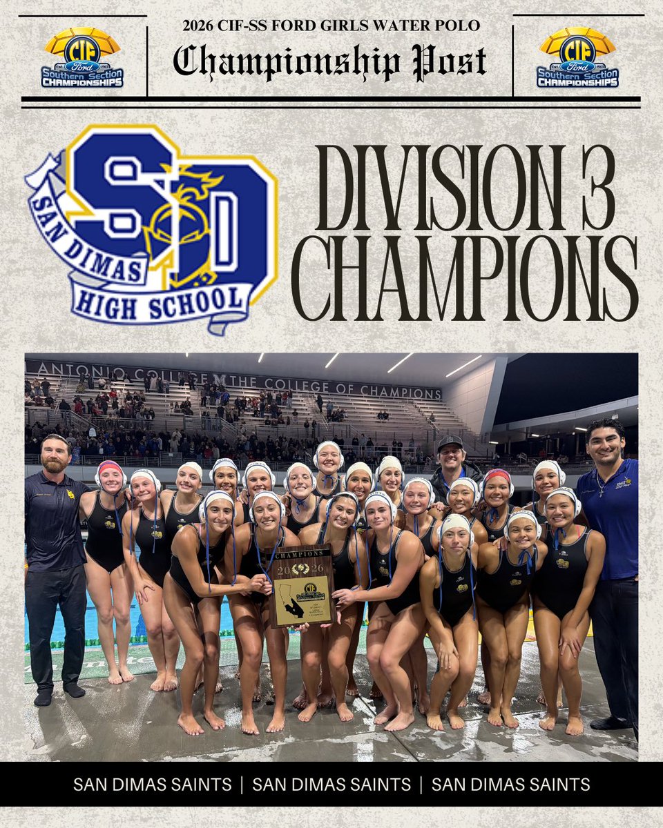 CIFSS's tweet photo. π¨ HOT OFF THE PRESS ποΈ
Introducing your 2026 CIF-SS @SoCaliFord Division 3 Girls Water Polo Champions the San Dimas Saints! π€½ββοΈ
#CIFSSGWP https://t.co/2dsULCciUl