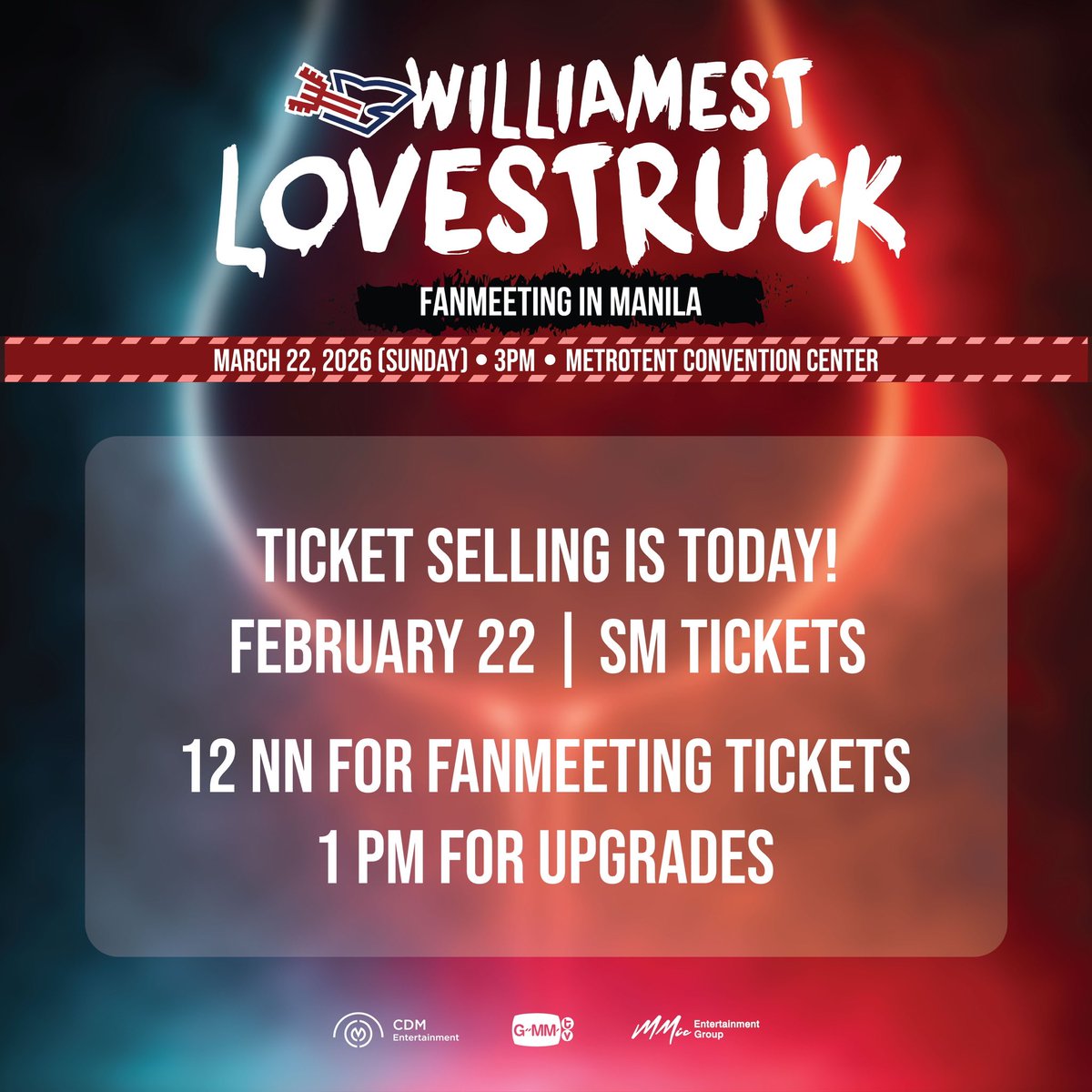 Good morning, Westies! 🎸🦈

Today is ticket selling for #WilliamEstLovestruckInManila!

We hope you're ready 💥 See you in a few hours!

⏰ 12 NN | Fanmeeting tickets
⏰ 1 PM | Upgrade
🎟️ SM Tickets outlets and smtickets.com/events/view/16…

#WilliamEst #williamjkp #est_rvp #GMMTV