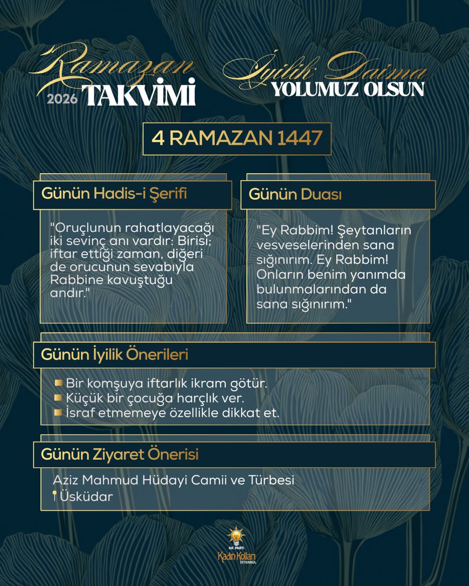 🌙 Ramazan’ın huzuruyla yeni bir gün…

Günün İyilik Önerileri:
🔸 Bir komşuya iftarlık ikram götür.
🔸 Küçük bir çocuğa harçlık ver.
🔸 İsraf etmemeye özellikle dikkat et.

Paylaştığımız lokma bereket olur, sevindirdiğimiz bir kalp umut olur.

💬 Siz de bugün yaptığınız