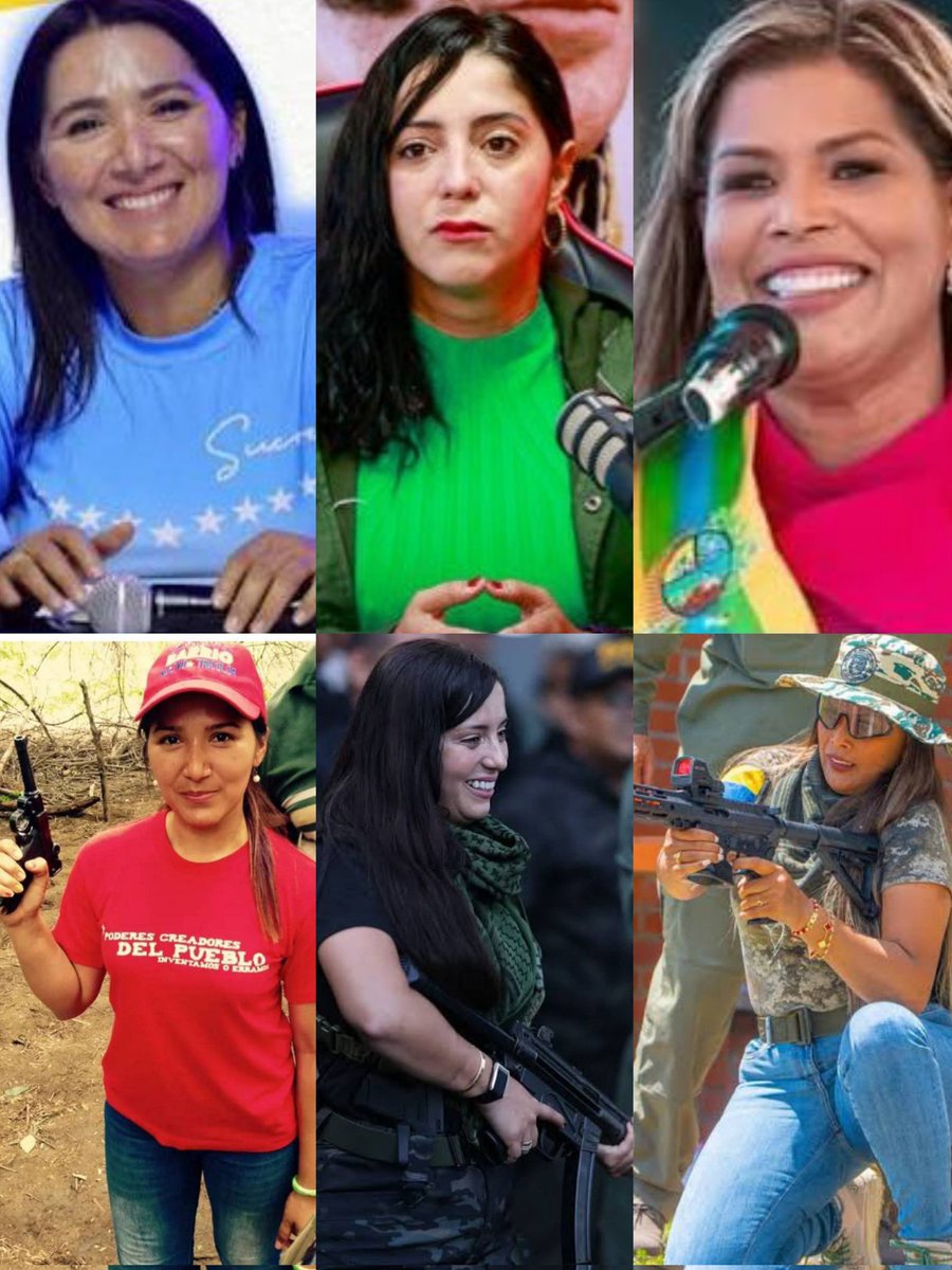 De izquierda a derecha (imágenes superiores e inferiores) tres hetairas políticas, jefas de los colectivos armados apoyadas en sus condiciones de seudo gobernadoras:  Jhoanna Carrillo en Sucre, alias "tiro fijo" también controla la trata hacia Güiria, Joana Sánchez alias "Pepa