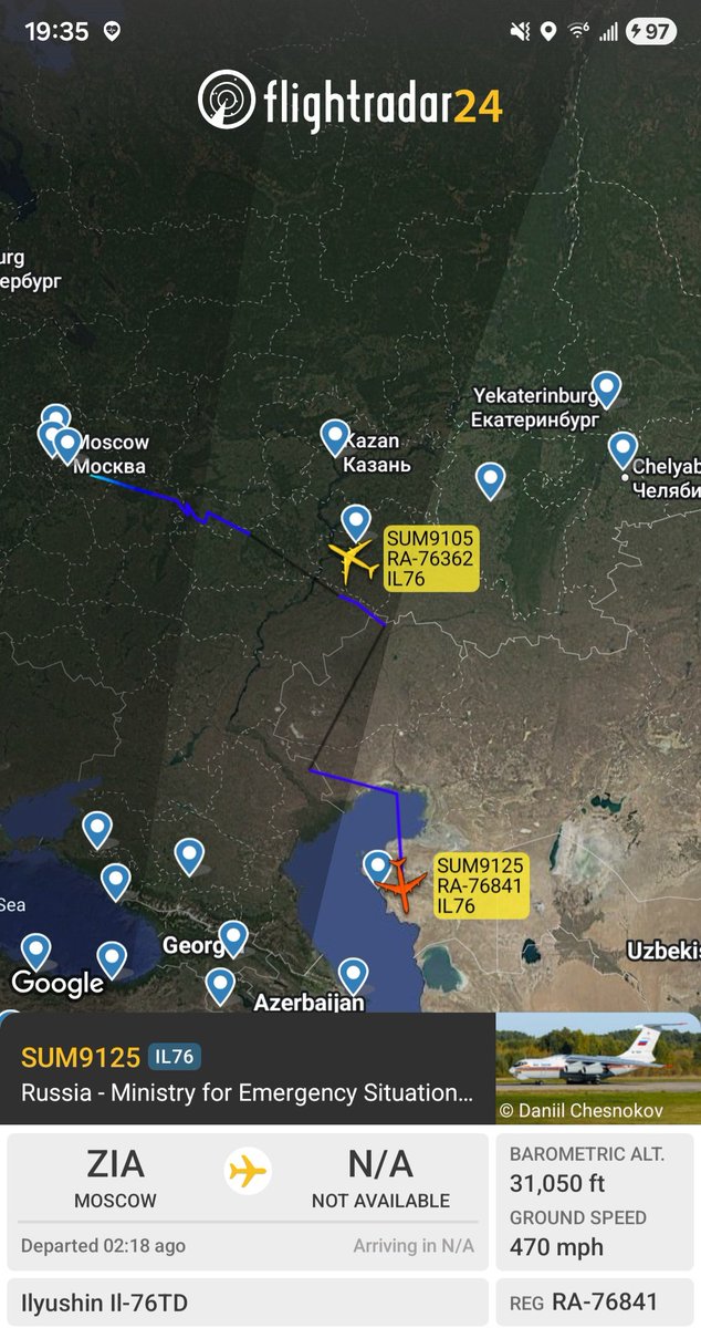 Borrowed7Time's tweet photo. Russia Ministry for Emergency Situations IL-76TD x2 out of Moscow (ZIA), tracking south:
RA-76841 #152C29 as SUM9125
RA-76362 #152A4A as SUM9105
@sipjack1776 @thereccelizard @holgidaun @RBbethetruth @LadyAstroJet https://t.co/Ue5MWGL0St