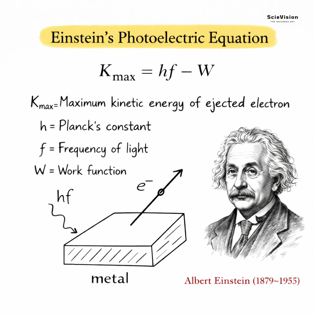 scievision369's tweet photo. Albert Einstein's Photoelectric equation ✍️

This photoelectric effect explains that light consists of individual energy packets called photons. These photons act like tiny "kicks" that hit electrons inside a metal. For an electron to escape the metal, it needs to absorb enough energy from one photon to cover a "departure tax," which we call the work function. If the photon has more energy than this minimum requirement, the electron can use the extra energy to speed away from the surface. Since this process involves a one-to-one interaction, the speed of the escaping electron depends solely on the light's color (energy) and not on its brightness. Brighter light just offers more photons to release more electrons, but it doesn't make them move faster.