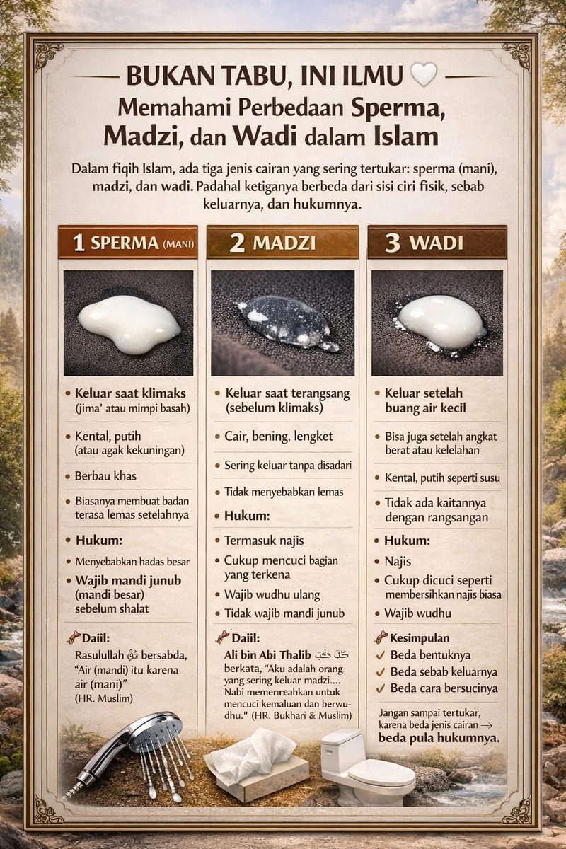 🌿BUKAN TABU, INI ILMU 🤍
Memahami perbezaan Sperma (Mani), Madzi, dan Wadi dalam Islam
Masih banyak yang tertukar antara sperma, madzi, dan wadi.
Padahal ketiganya beza ciri, sebab, dan beza hukumnya dalam Islam.
Jom pahami dengan benar agar tidak keliru dalam bersuci 👇
