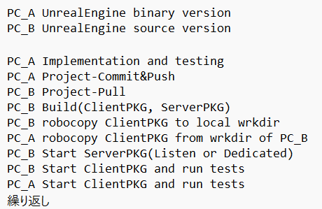 #indiedev #gamedev #ゲーム制作
Windows環境
2PC間のファイルやりとり・PKG版検証についてrobocopyでProjectファイル、PKGを転送する方式でも良い気がするが
現状のビルドと検証フローは下記

まぁひとり環境なのでこのまま続けてみる