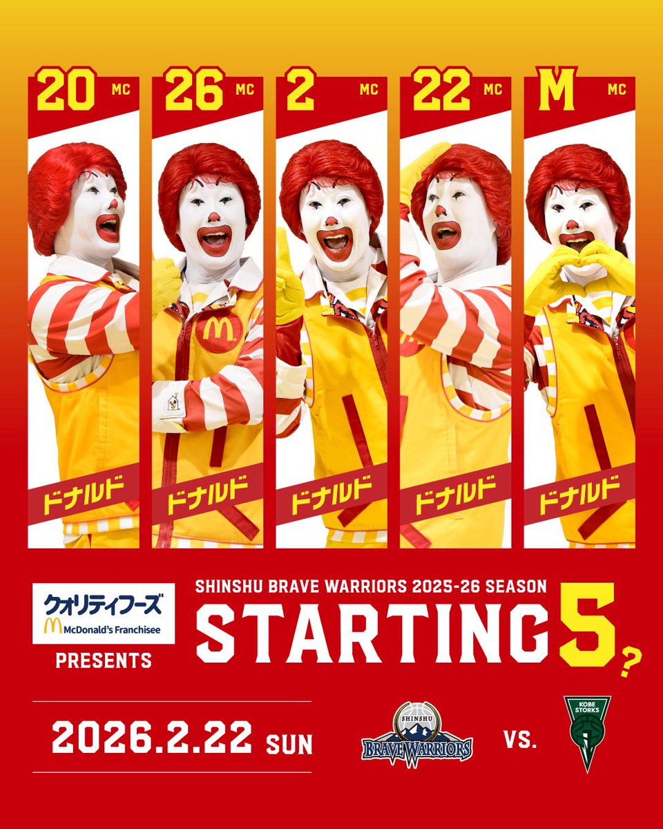 #クォリティフーズ presents
本日のスターティング5❓🍟

#20 ドナルド
#26 ドナルド
#2  ドナルド
#22 ドナルド
# M ドナルド

#信州ブレイブウォリアーズ
#ドナルド・マクドナルド