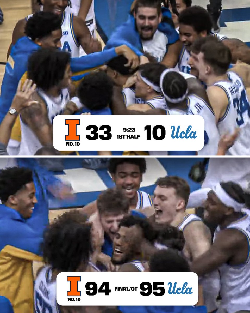 DONOVAN DENT WITH THE GAME-WINNER IN OT TO BEAT NO. 10 ILLINOIS 🔥

UCLA comes back from down 23 for the largest comeback to beat a Top-10 opponent in AP Poll history 😮