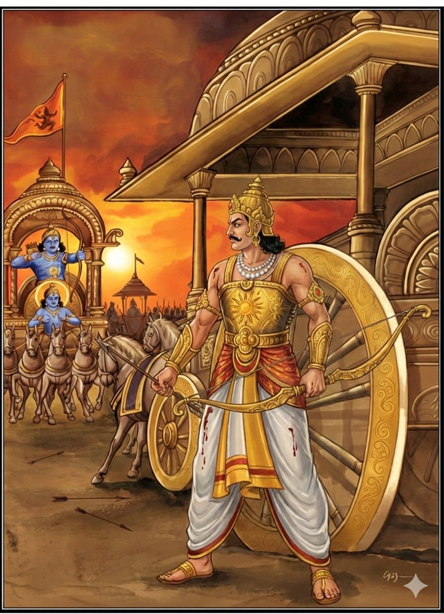 Day 17 - Karna Vadha

After Duhshasana’s death, ten Kaurava brothers attacked Bhima in fury, but Arjuna instantly attacked all ten with swift, deadly arrows, causing the Kuru army to flee in terror. Seeing Bhima’s fearsome power, Karna wavered, but Shalya urged him to stand firm