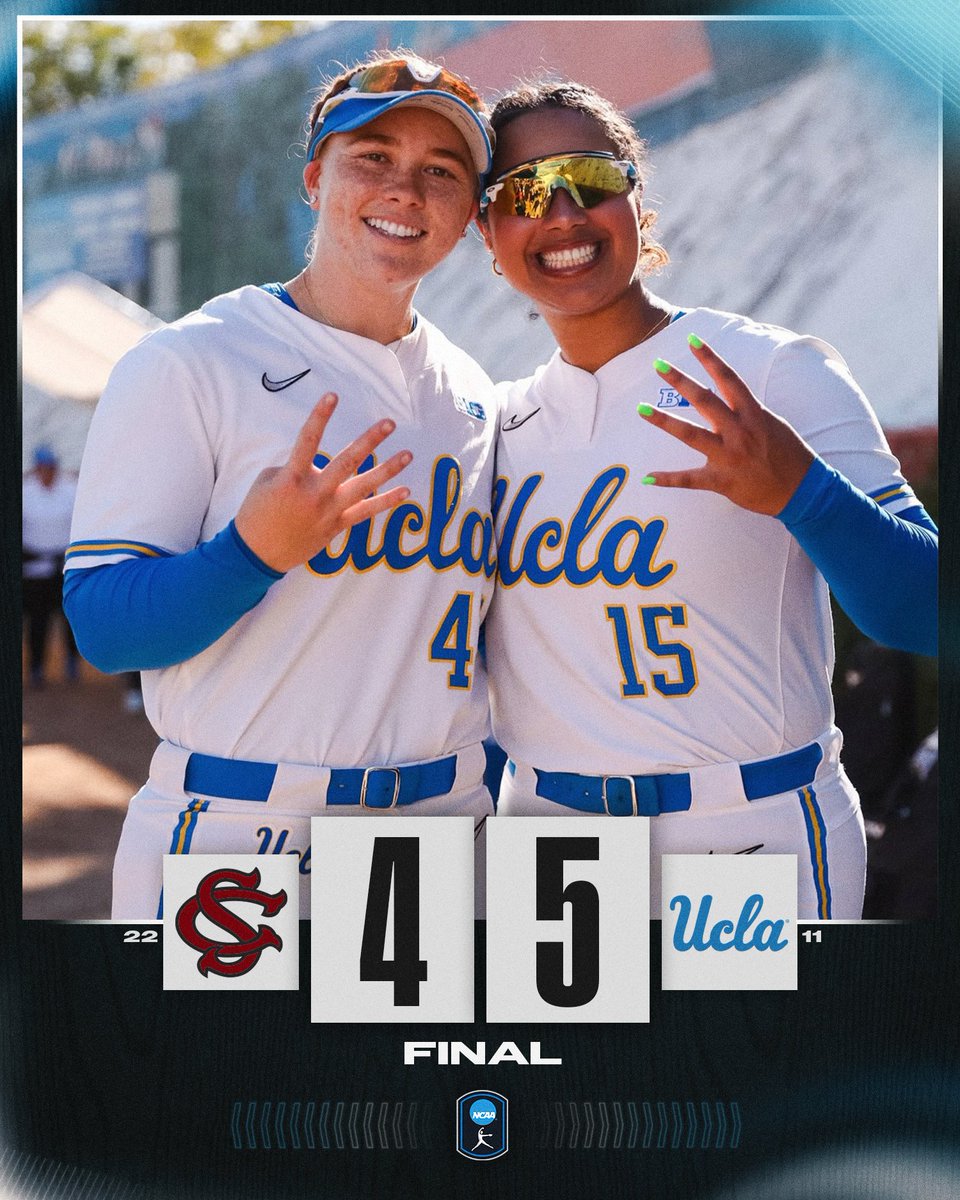 THE BRUINS WIN THE SUPER REGIONAL REMATCH 🐻

No. 11 <a href="/UCLASoftball/">UCLA Softball</a> defeats No. 22 South Carolina, 5-4!

#NCAASoftball
