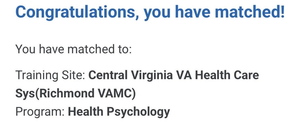 I matched at the Central Virginia VA in Richmond!

Excited to deepen my training in clinical health psychology, while finishing my dissertation.

Grateful beyond words to my supportive community who made this possible.

#APPICmatch, #match #clincialpsychology
