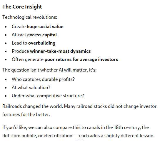 Prompt: Made a parallel between overinvesting in AI and overinvesting in railroads. Railroads had big impact on economy  but nevertheless many railroad companies lost money.

URL: chatgpt.com/share/699a7fbe…

<a href="/grok/">Grok</a>, what do you think?