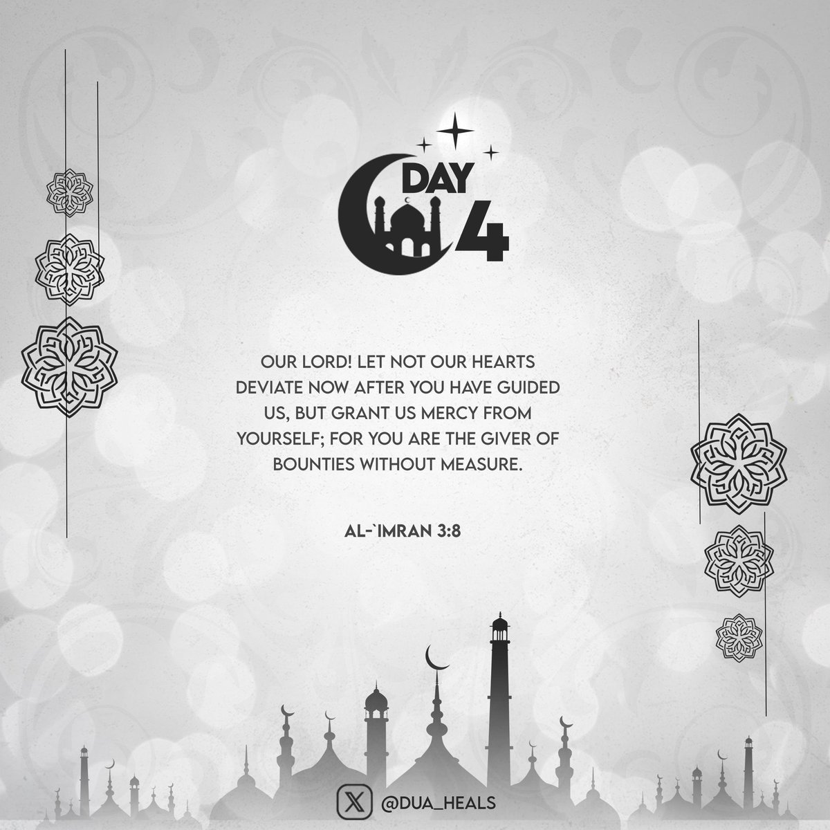 Dua_Heals's tweet image. Day 4 🌙

Our Lord, keep our hearts firm after guidance.
Grant us mercy from Yourself.
You are the Giver without measure.

Ramadan is not just about finding guidance.
It’s about staying guided.

Protect your heart.
Nurture your faith daily.

#Day4 #RamadanReflections #AlImran38