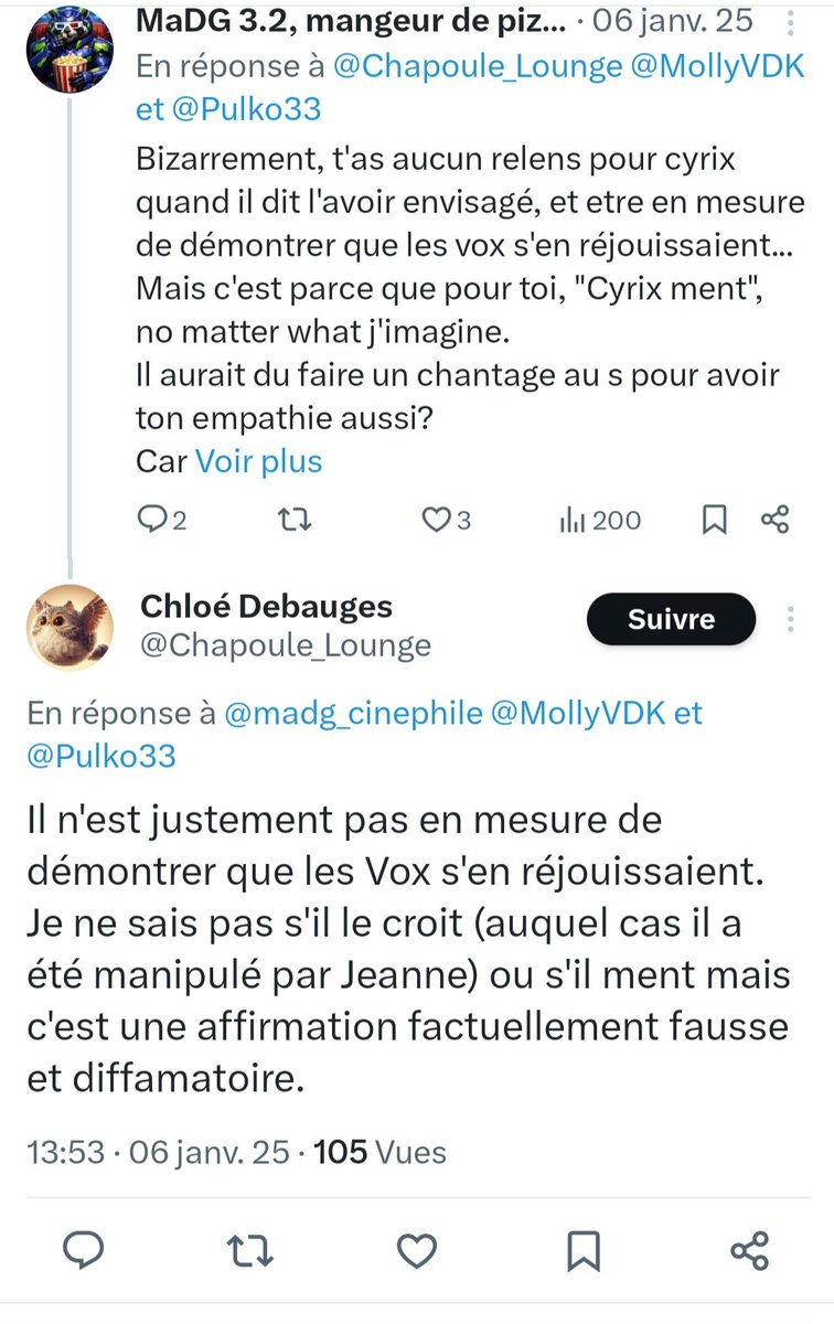 Qu'est-ce que tu veux <a href="/Philippefavre/">Philippe</a> , Madg ne fait que reprendre le narratif mensonger qu'est venue lui dire Misandry lorsqu'ils étaient complices.

Des dizaines et des dizaines de tweet mensongers que Misandry balançait à Madg pour nuire aux victimes qui l'arrangeait.

C'était