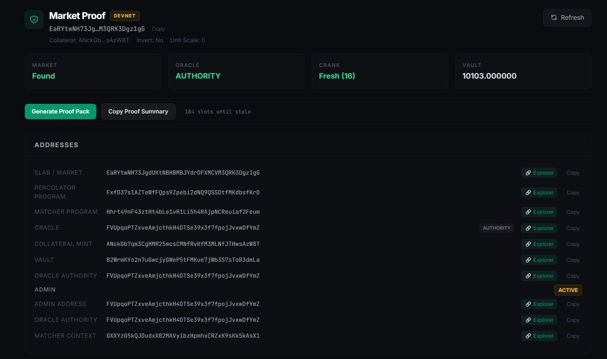 perplytrade's tweet image. We’re making market credibility portable.

Another feature we build in:

Perply can generate a Proof Pack / Proof Summary from the Proof Page so market state + program truth + guard state are easy to share.

What that means for users: faster trust checks before trading a market.