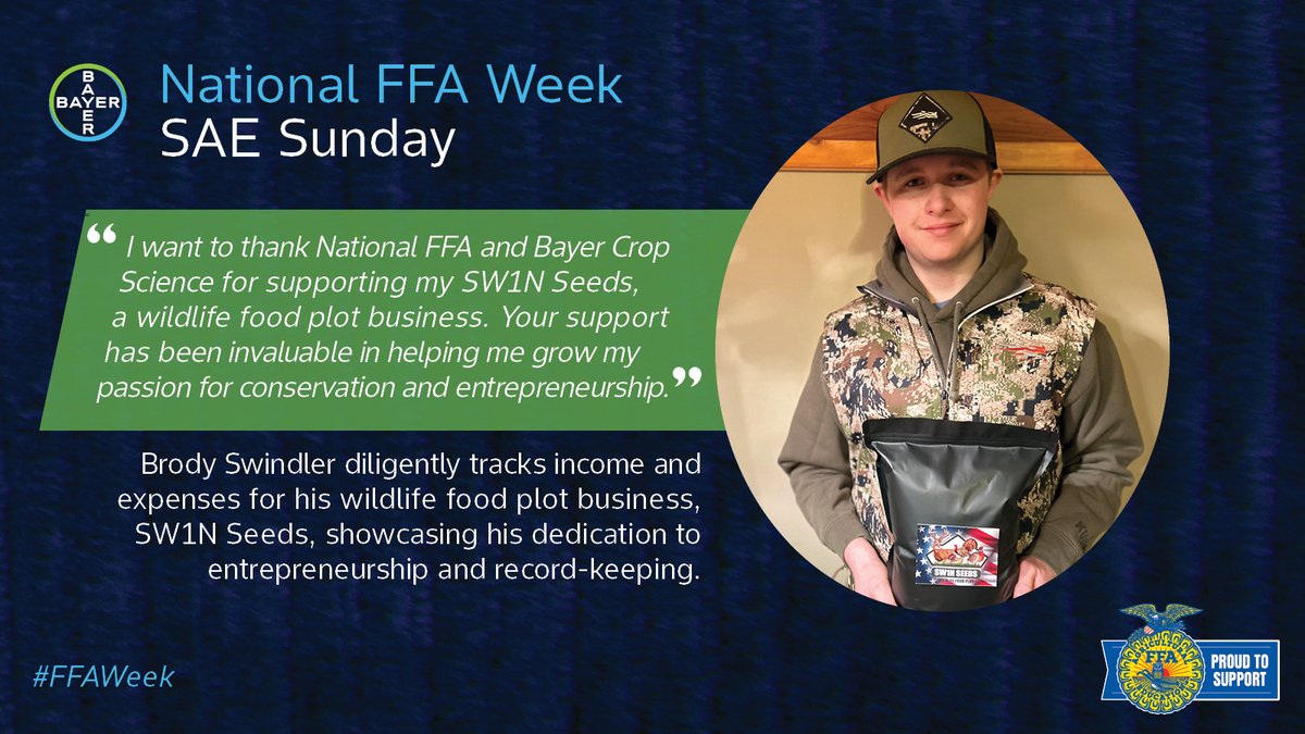Bayer is proud to provide grants <a href="/NationalFFA/">National FFA</a>  to FFA members, like Brody, thru the SAE program, helping students learn real-world skills outside the classroom and develop a foundation for their future. 
#FFAWeek #SAESunday #FFA