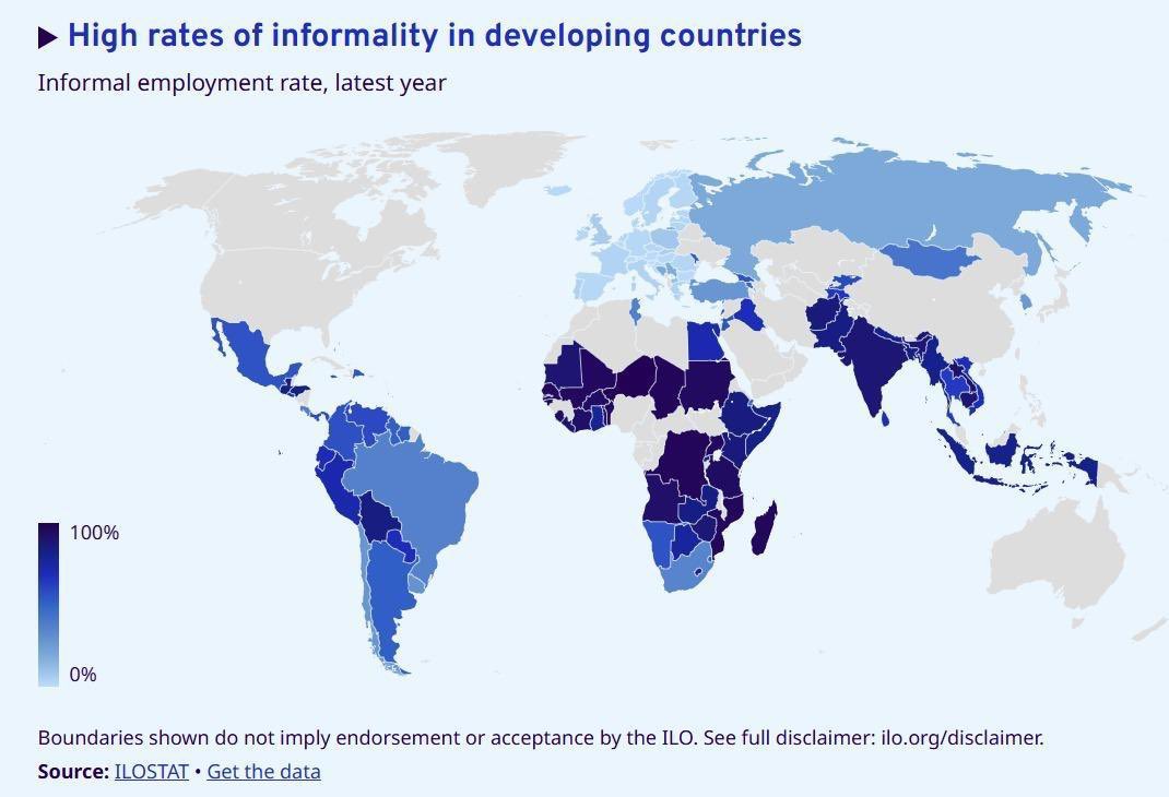 Informal Employment Rate (%)

Mexico🇲🇽: 56.4
Colombia🇨🇴: 56.0
Costa Rica🇨🇷: 36.1
Türkiye🇹🇷: 27.7
Chile🇨🇱: 26.4
Poland🇵🇱: 8.6
UK🇬🇧: 6.5
Portugal🇵🇹: 4.7
Slovakia🇸🇰: 4.4
Greece🇬🇷: 3.6
Italy🇮🇹: 3.4
Lithuania🇱🇹: 3.2
France🇫🇷: 3.1
Sweden🇸🇪: 2.8
Denmark🇩🇰: 2.8
Netherlands🇳🇱: 2.6