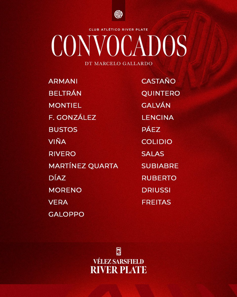 🐔🔔 LOS CONVOCADOS DE RIVER 🔔🐔

De cara al partido de mañana, donde #River visitará a Vélez; se dio a conocer la nómina de jugadores. 
Retornan Franco Armani y Sebastián Driussi. 
No está en la lista Acuña.