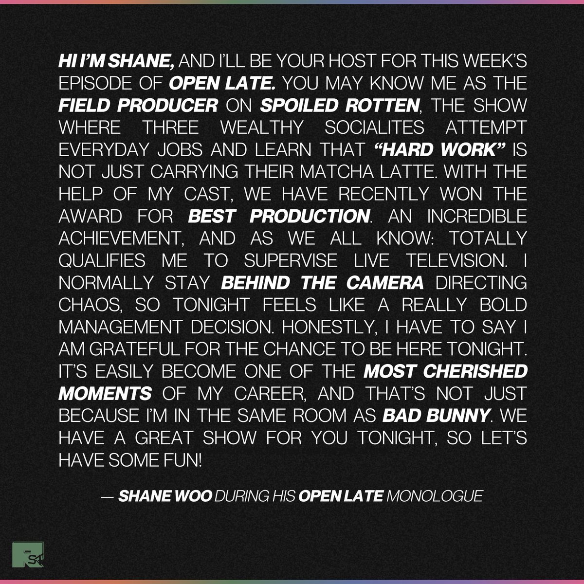 ZiadsFinsta's tweet image. RT @RISINGPUBLICITY: OPEN LATE MONOLOGUE RECAP: SHANE WOO IN “THE VALENTINE’S DAY HOTLINE”