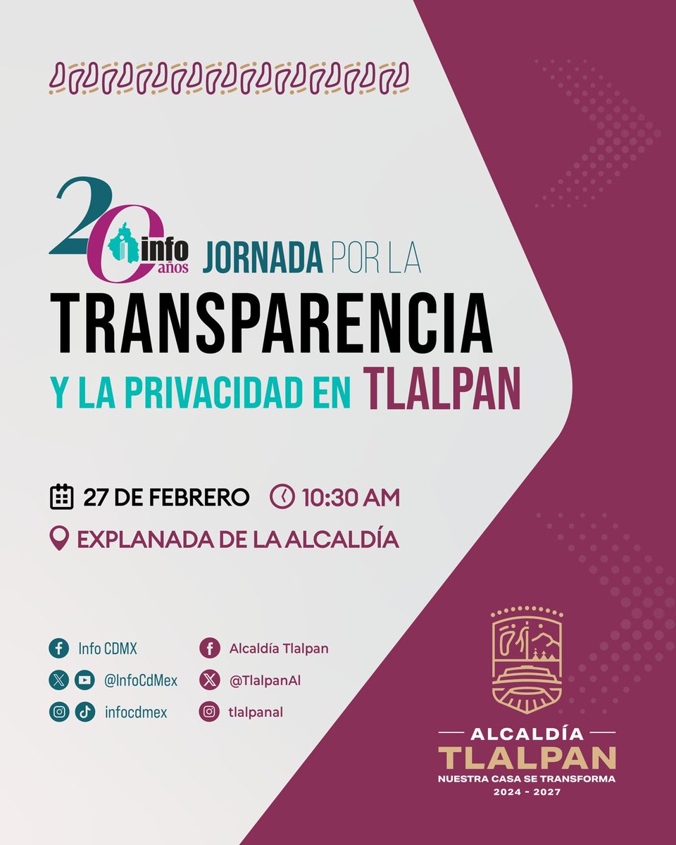 ¡La transparencia es tu derecho y nuestra prioridad! 📑✨
En Tlalpan, creemos que un gobierno abierto es la base para una verdadera transformación. Te invitamos a la Jornada por la Transparencia y la Privacidad.

🗓️ Viernes 27 de febrero
⏰ 10:30 a.m.
📍 Explanada de la Alcaldía