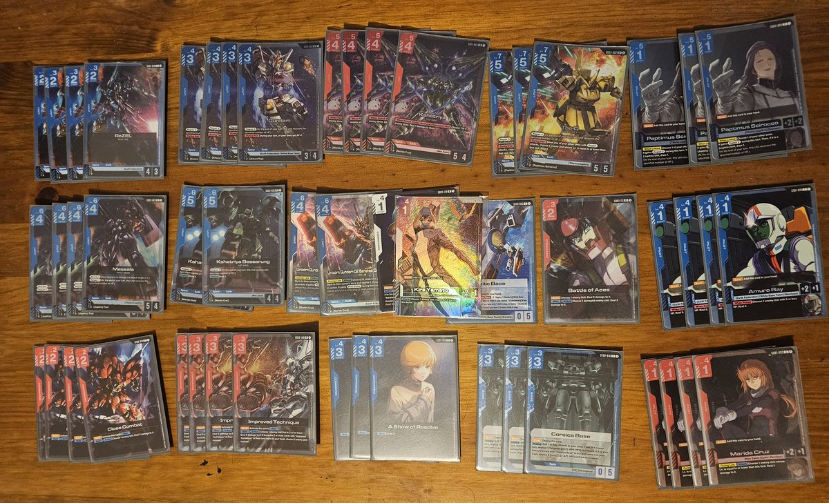 ShDust's tweet photo. Top 4'd my local Newtype chellenge with this pile. Still some room for improvement, specially against other R/B variants but overall happy with the performance even when the draws were clunky. #GCG #NewTypeChallenge #GundamCardGame #GundamTCG https://t.co/JpGhcuOUzW