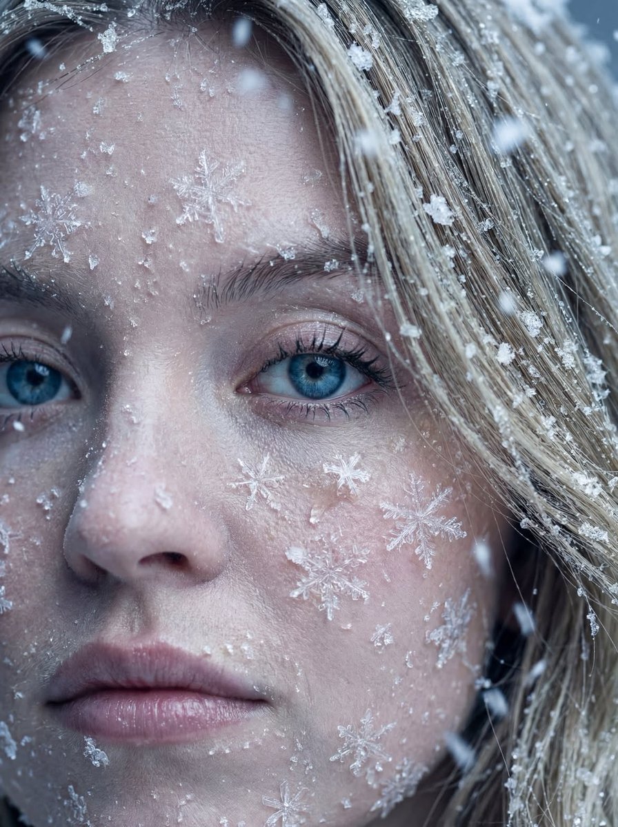 Nano Banana Pro 
1:

Ultra-realistic close-up portrait of a woman standing in falling snow, icy snowflakes delicately resting on her face and eyelashes, intricate crystal snowflake patterns visible on her skin, cold winter atmosphere, pale skin tones, piercing blue eyes, soft natural light, shallow depth of field, cinematic composition, high detail skin texture, frozen hair strands, 85mm lens, photorealistic, 8K, dramatic winter mood, soft background bokeh.

⸻
2:

Hyper-realistic portrait of a woman in a snowstorm, wet dark hair partially frozen with ice crystals, translucent ice shards and snowflakes clinging to her cheeks and forehead, subtle frost texture on skin, moody overcast lighting, cold blue color grading, shallow depth of field, extreme facial detail, cinematic winter survival aesthetic, sharp focus on eyes, 85mm DSLR look, ultra-detailed, 8K resolution.

⸻
3:

Extreme close-up winter portrait of a woman with flushed cheeks from cold weather, green eyes sharply focused, snowflakes melting and freezing on her eyelashes and skin, fine frost particles and icy textures in hair strands, dramatic cold environment, natural diffused light, soft snowfall in foreground and background, photorealistic skin pores, cinematic depth of field, ultra-high resolution, 85mm lens, masterpiece quality, winter realism.