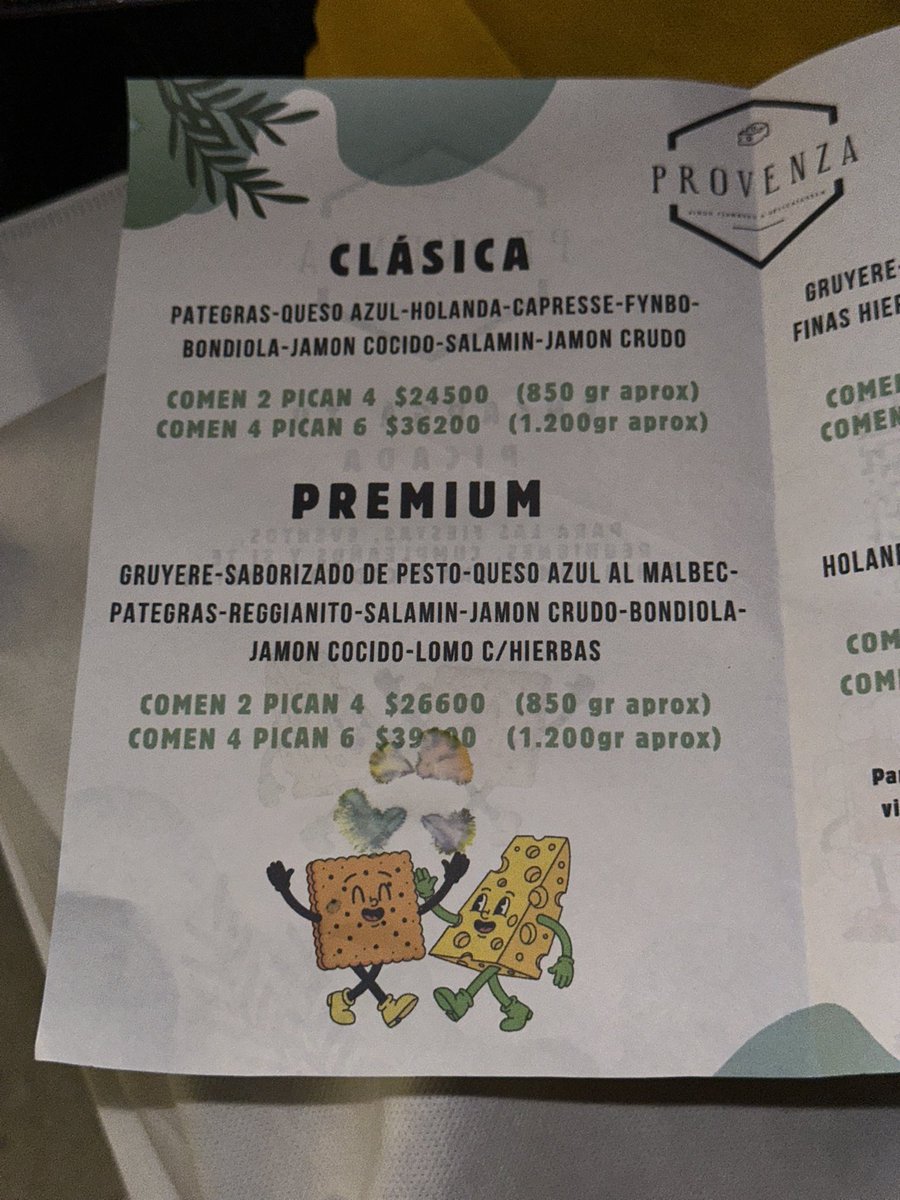 Tienen opciones clásica y Premium y dos opciones Veggie, hacen envíos a todo Rosario, son una fiambrería/Vinoteca y delicatessen, tienen todos los vicios juntos en un solo lugar.