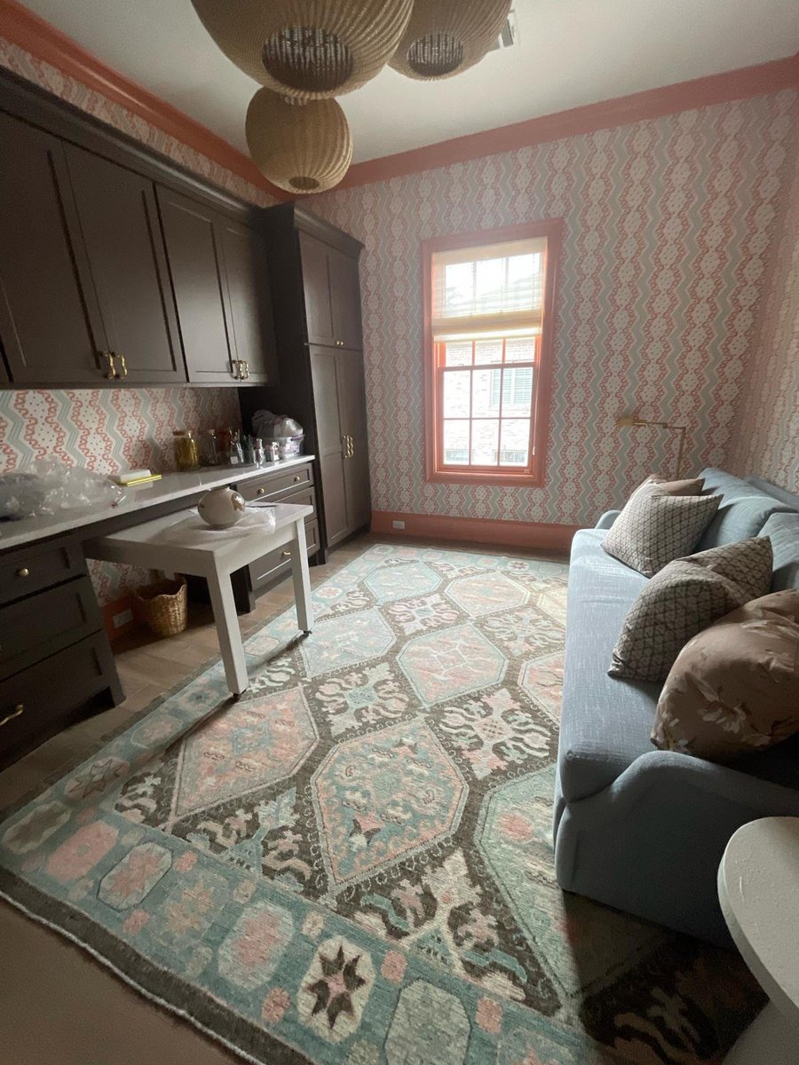 Handwoven wool rug in muted SAGE GREEN, BLUSH, CREAM, and CHARCOAL GRAY with a geometric vintage pattern. Adds warmth and texture while keeping the room feeling relaxed and layered. #TurkishRugCo #OrientalRugs #DesignerRugs #HandKnottedRugs #OneOfAKindRugs #TurkishRugs