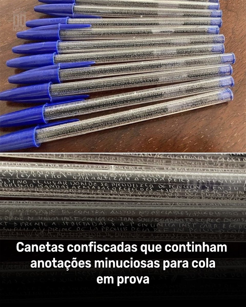 misteriomundo's tweet photo. Um episódio registrado em 2022 na Universidade de Málaga, na Espanha, ganhou repercussão após a descoberta de um método inusitado de trapaça em exames. Um estudante foi flagrado usando canetas modificadas para esconder informações.

À primeira vista, tratava-se de itens comuns. Porém, no interior dos corpos transparentes, havia uma série de anotações extremamente pequenas, gravadas com precisão.

O espaço interno foi totalmente aproveitado com conteúdos resumidos e fórmulas essenciais. A criatividade na adaptação do objeto transformou simples canetas em um mecanismo discreto para tentar obter vantagem nas provas.