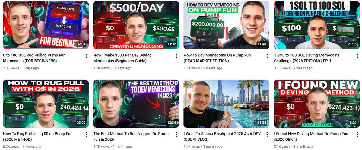 this nigga has a whole youtube channel on how to rug memecoins 😭

normies are never coming back